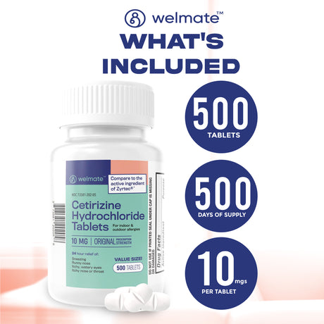 Welmate Antihistamine Allergy Relief - Cetirizine Hydrochloride 10Mg - 24 Hour Relief - 500 Tablets