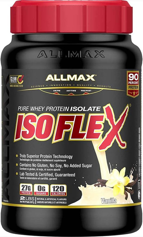 ALLMAX ISOFLEX Whey Protein Isolate, Vanilla - 2 Lb - 27 Grams of Protein per Scoop - Zero Fat & Sugar - 99% Lactose Free - Gluten Free & Soy Free - Approx. 30 Servings