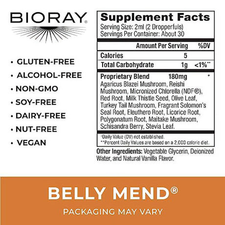 BIORAY Daily Belly Mend - 2 Fl Oz - 11-Strain Probiotic Blend with Medicinal Mushrooms - Supports Healthy Gut & Bowel Functions - Non-Gmo, Vegetarian, Gluten Free