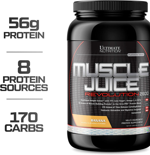 Ultimate Nutrition Muscle Juice Revolution 2600 Weight Gainer, Muscle Recovery with Glutamine, Micellar Casein and Time Release Complex Carbohydrates, Banana Protein Powder, 4.69 Pounds