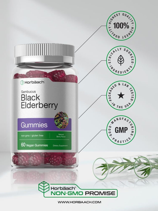 Black Elderberry with Zinc & Vitamin C | 60 Vegan Gummies | Natural Berry Flavor | by Horbaach