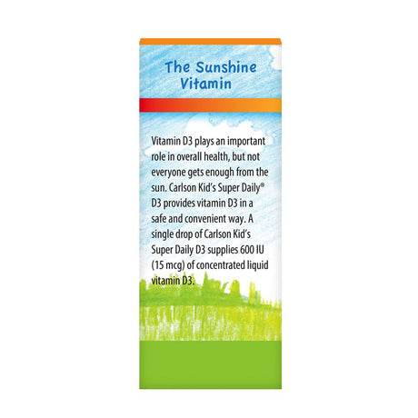 Carlson - Kid'S Super Daily D3, Vitamin D Drops, 600 IU (50 Mcg) per Drop, Vegetarian, Unflavored, 90 Drops