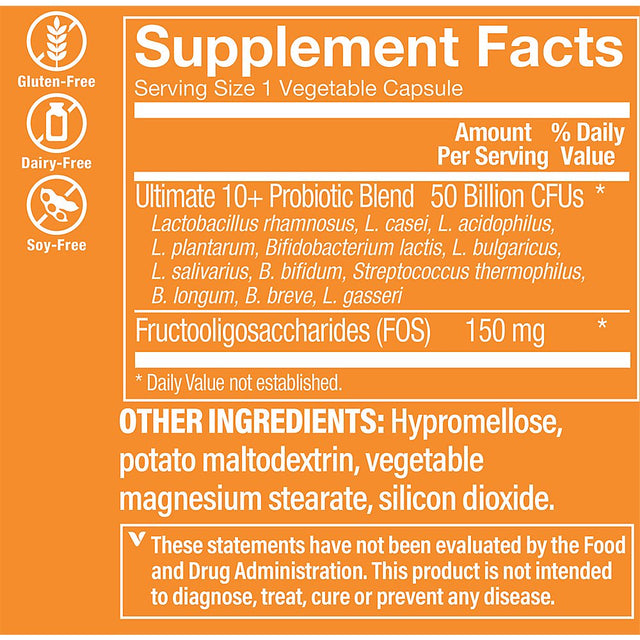 Ultimate 10+ Probiotics, 50 Billion Cfus for Digestive Health, Immune Support and Respiratory Health (30 Vegetable Capsules) by the Vitamin Shoppe