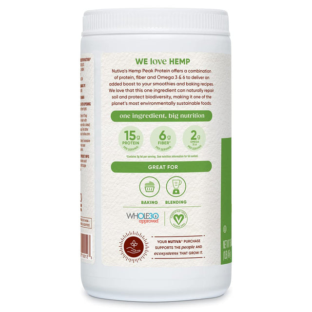 Nutiva Organic Cold-Pressed Raw Hemp Seed Protein Powder, Peak Protein, 16 Ounce, USDA Organic, Non-Gmo, Whole 30 Approved, Vegan, Gluten-Free & Keto, Plant Protein with Essential Amino Acids