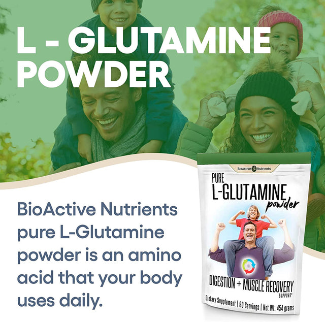 BIOACTIVE NUTRIENTS Pure L-Glutamine Powder Supplement - Optimum Gut Health and Muscle Recovery Support - Nutrition Supplements Powder - Gluten-Free - 454 G / 90 Servings