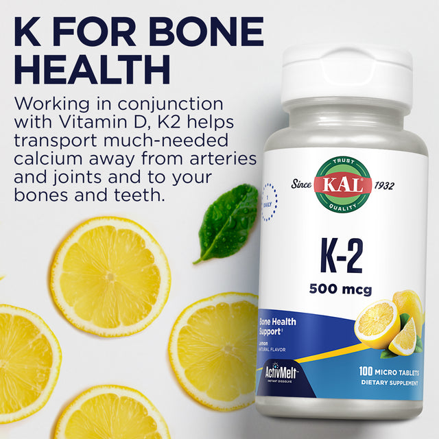 KAL Vitamin K-2 500 Mcg Activmelt | Natural Lemon Flavor | Healthy Bone Formation & Cardiovascular Function Support | Vegetarian | 100 Micro Tablets