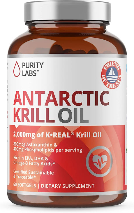 Purity Labs Krill Oil Heart Health & Brain Supplement with Omega 3 & Astaxanthin, 60 Softgels