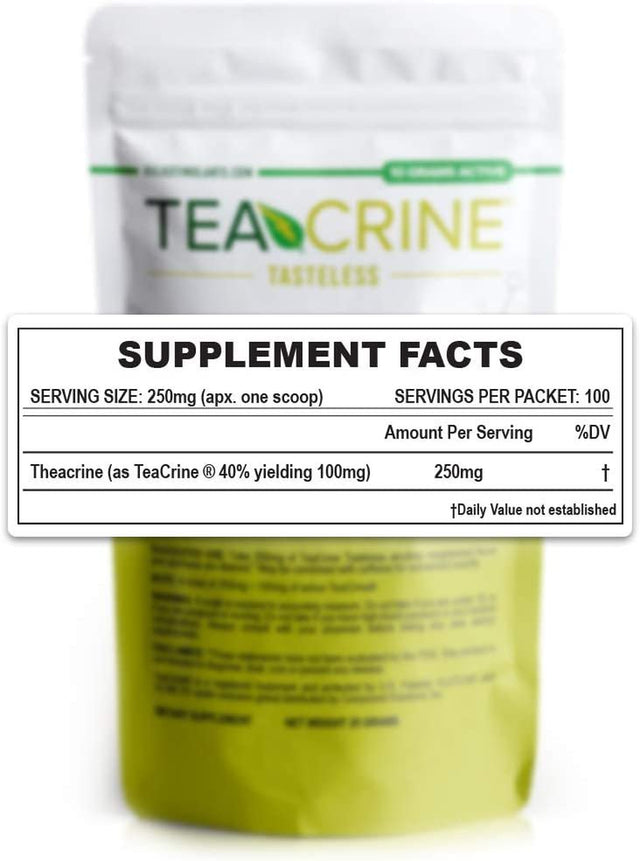 TEACRINE Tasteless Powder: Theacrine Supplement, Nootropic Stimulant Free for Energy Motivation Endurance & Focus, 100 Servings