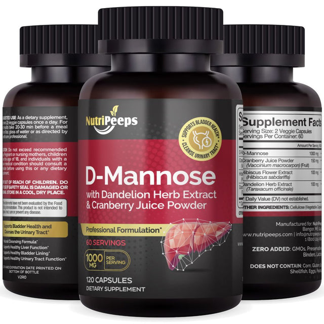 Nutripeeps D-Mannose with Cranberry Extract, Urinary Tract Detox & Liver Support Supplement, 120 Vegan Capsules