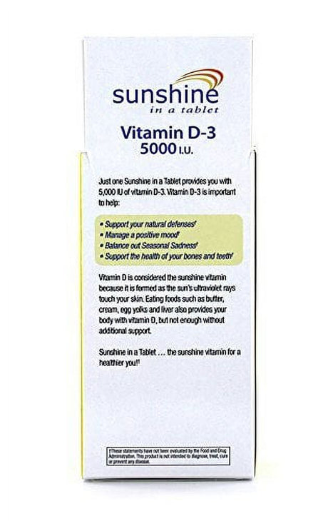 "Sunshine Vitamin D-3 5,000 IU, Healthy and Strong Bones, 30 Servings"