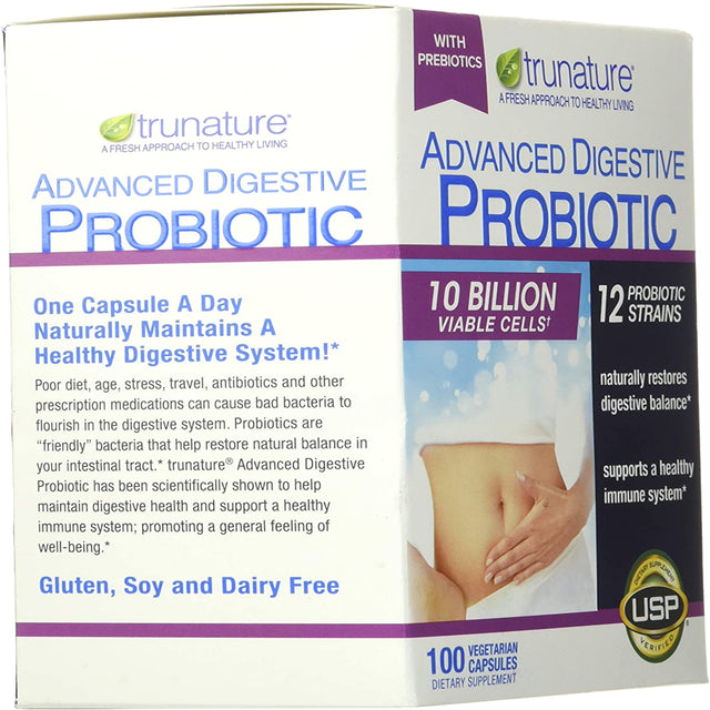 Trunature Advanced Digestive Probiotic, 100 Capsules 12 Strains, 10 Billion Viable Cells