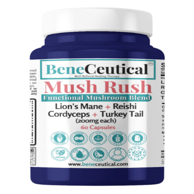 Mush Rush : Functional Mushroom Blend 60 Capsules 200Mg Lion'S Mane, Reishi, Cordyceps, Turkey Tail Nootropic Boost Immunity, Energy Levels, Cognitive Performance, Sleep, & Gut Health by Beneceutical