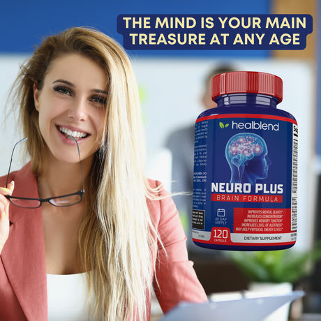 Healblend Neuro plus Brain Booster Supplements - Improving Cognitive Function, Brain & Focus Formula, Supports Memory, Concentration & Mental Clarity - 120 Capsules