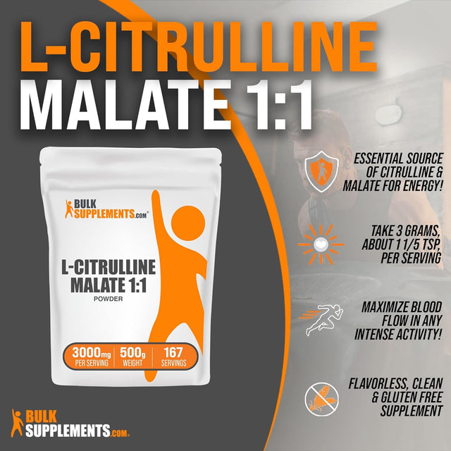 Bulksupplements.Com L-Citrulline Dl-Malate 1:1 Powder - L-Citrulline Malate, Citrulline Malate Powder - L Citrulline Malate Supplement, Gluten Free - 3G per Serving, 167 Servings, 500G (1.1 Lbs)