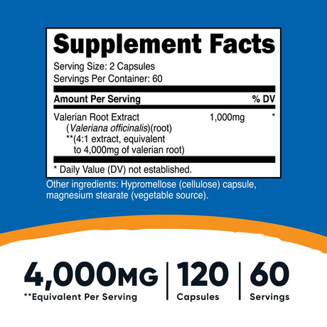 Nutricost Valerian Root Capsules (4000Mg) 120 Capsules - Gluten Free Supplement