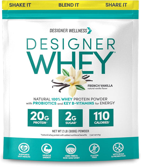 Designer Wellness, Designer Whey, Natural Whey Protein Powder with Probiotics, Fiber, and Key B-Vitamins for Energy, Gluten-Free, French Vanilla, 2 Lb