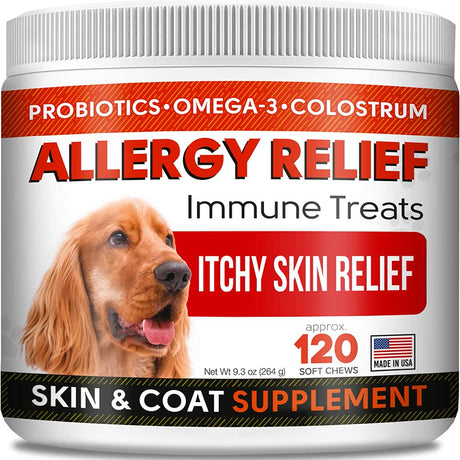 Allergy Relief Dog Treats W/ Omega 3 + Pumpkin + Enzymes + Turmeric - Itchy Skin Relief - Immune & Digestive Supplement - Skin & Coat Health - Anti-Itch & Hot Spots - Made in USA - 120 Chews