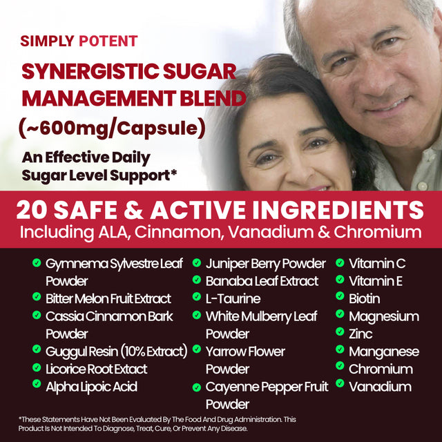 Blood Sugar Support Supplement, Sugar Pro with 20 Herb & Vitamin Blend with Cinnamon, Alpha Lipoic Acid (ALA), Bitter Melon, Chromium & Gymnema to Balance Sugar Levels, 60 Capsules