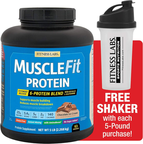 Fitness Labs Muscle Fit Protein Powder | 5 Lb | Chocolate Fudge Ice Cream Flavor | 6 Protein Sources | plus BCAA and Glutamine | Non-Gmo, Gluten Free Supplement