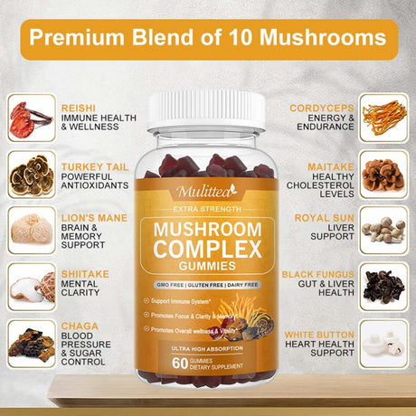 Mulittea Effective Mushroom Complex Gummies Supplement for Men & Women - Brain Booster, Immune Support, Energy - 60 Gummies