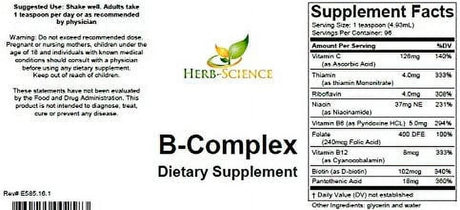 Herb-Science 16Oz Super B Complex Vitamins with Vitamin C Liquid, Alcohol-Free ALL Vitamins B Including B1, B2, B3, B5, B6, B7, B9, B12, Folic Acid, Niacin, Biotin. Vitamin B-Complex