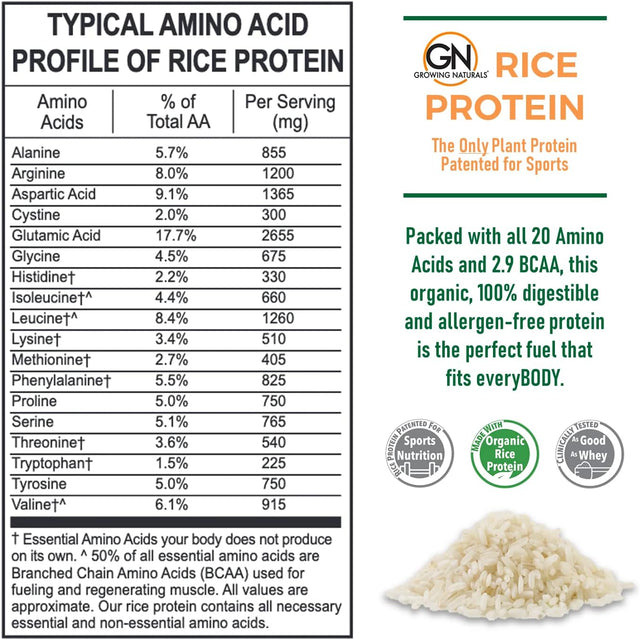 Growing Naturals | Original Rice Powder 15G Plant Protein | 2.8G BCAA, Low-Carb, Low-Sugar, Non-Gmo, Vegan, Gluten-Free, Keto & Food Allergy Friendly | Original (1 Pound (Pack of 1))