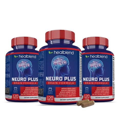 Healblend Neuro plus Brain Booster Supplements - Improving Cognitive Function, Brain & Focus Formula, Supports Memory, Concentration & Mental Clarity - 120 Capsules 3-Pack