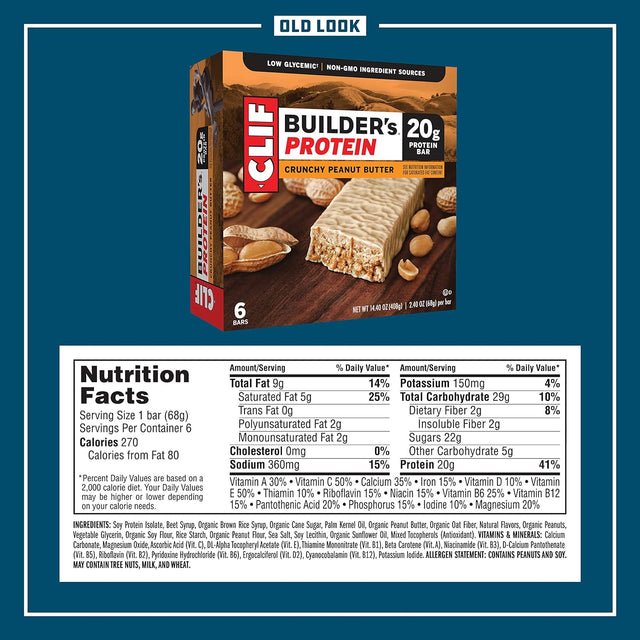 CLIF BUILDERS - Protein Bars - Crunchy Peanut Butter - 20G Protein - Gluten Free (2.4 Ounce, 6 Count)