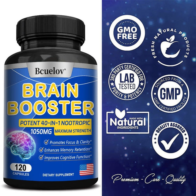 Bcuelov 40 in 1 Brain Supplement Capsules, Advanced Vitamins for Men and Women, Nootropic Support for Cognitive Function, Brain Health Formula