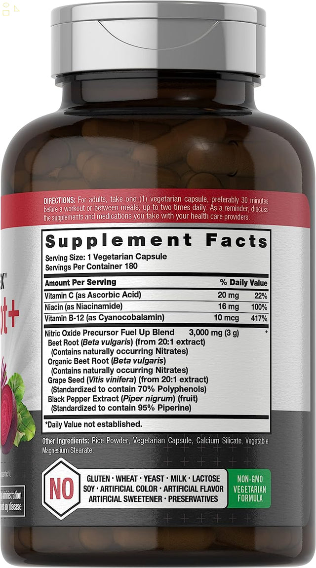 Nitric Oxide Beet Root Capsules | with Nitrates | 180 Count | Nitric Oxide Precursor | Vegetarian, Non-Gmo, Gluten Free Supplement | By