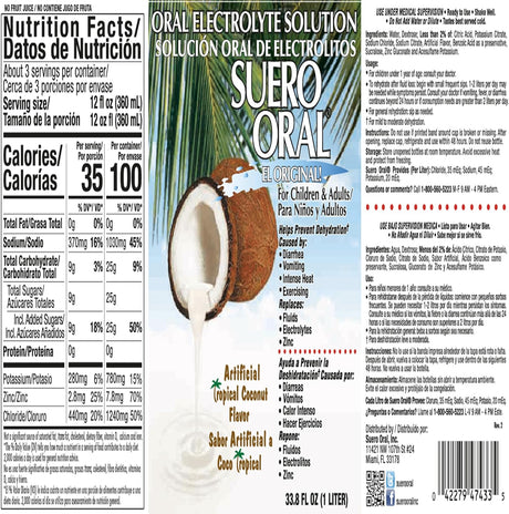 Suero Oral Electrolyte Solution for Children & Adults, Rehydrates, Restores Minerals and Nutrients, Coconut Flavor (33.8 Fl Oz/Pack of 1)