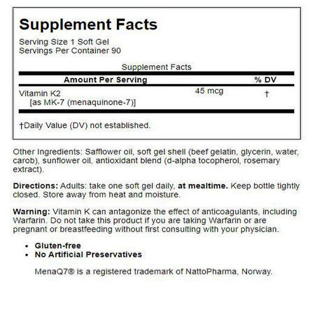 Carlson Labs - Vitamin K2 MK7 Menaquinone 7 45 Mcg. - 90 Softgels