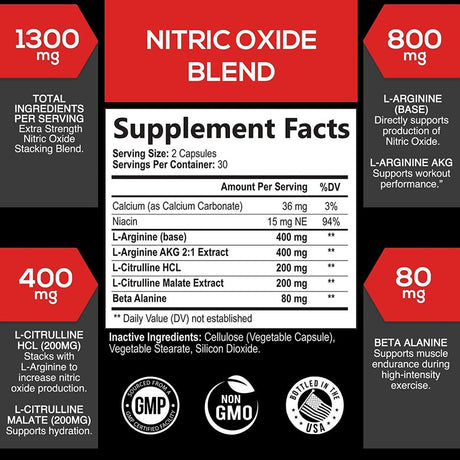 Nitric Oxide Booster Supplement W/L-Arginine 1300Mg Premium Workout Muscle Pump - 60 Capsules