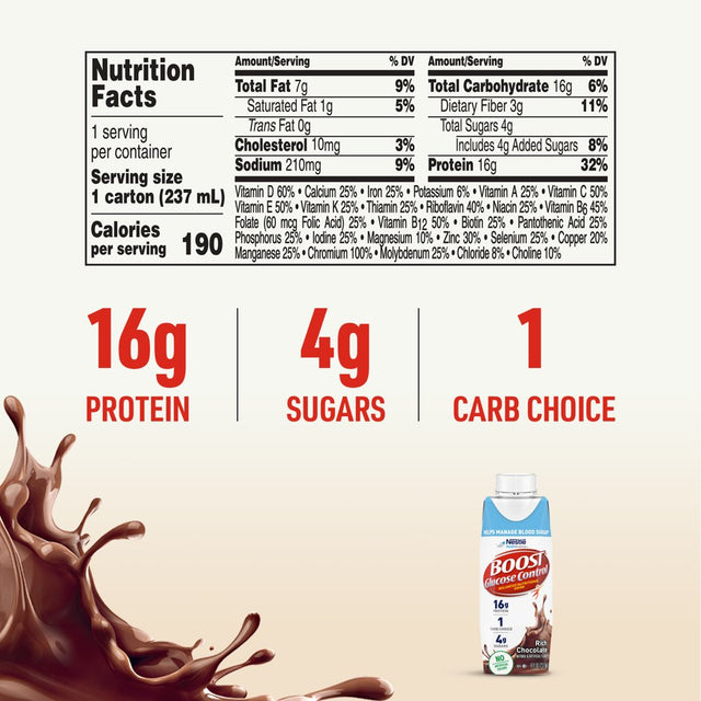 BOOST Glucose Control Nutritional Drink, Rich Chocolate, 16 G Protein, 6 - 8 Fl Oz Cartons