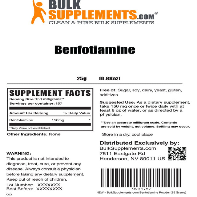 Bulksupplements.Com Benfotiamine Powder Vitamin B1 (Thiamine) - B1 Vitamin - Thiamine B1 Supplement - Advanced Memory Formula - Vitamin B1 (25 Grams - 0.88 Oz)