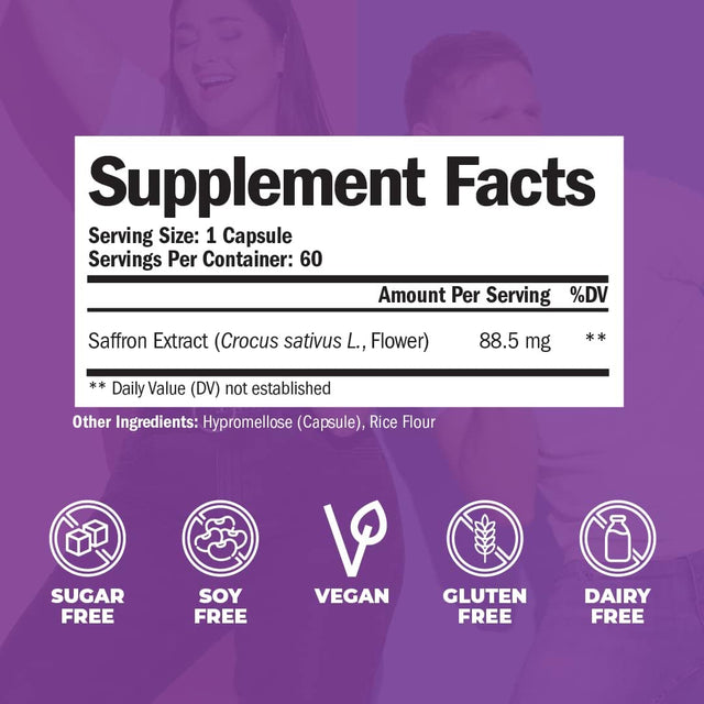 Saffron Supplements for Women & Men. Saffron Extract Capsules Promote Eye, Heart, Brain & Metabolic Health. 100% Pure Saffron (Azafran) Alternative to Saffron Gummies or Safron Powder. Vegan 60 Caps