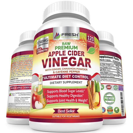 Premium Apple Cider Vinegar Pills Max 1740Mg with Mother - 100% Natural & Raw with Cinnamon, Ginger & Cayenne Pepper - Ideal for Healthy Blood Sugar, Detox & Digestion-120 Vegan Capsules