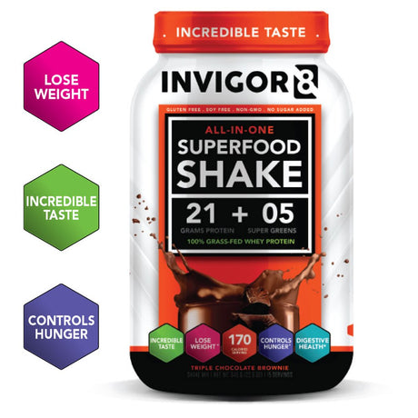 Invigor8: Nutritional Shake & Green Superfood - 100% Grass Fed-Whey Protein - Triple Chocolate Brown