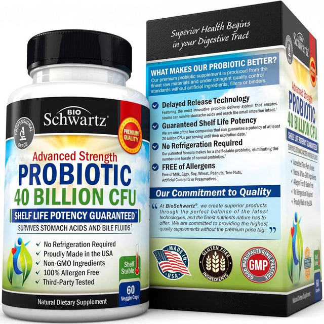 Bioschwartz Probiotic 40 Billion CFU - Probiotics for Women and Men with Prebiotics, Lactobacillus Acidophilus, Astragalus for Gut Health, Digestive Relief - Shelf Stable Supplement, N