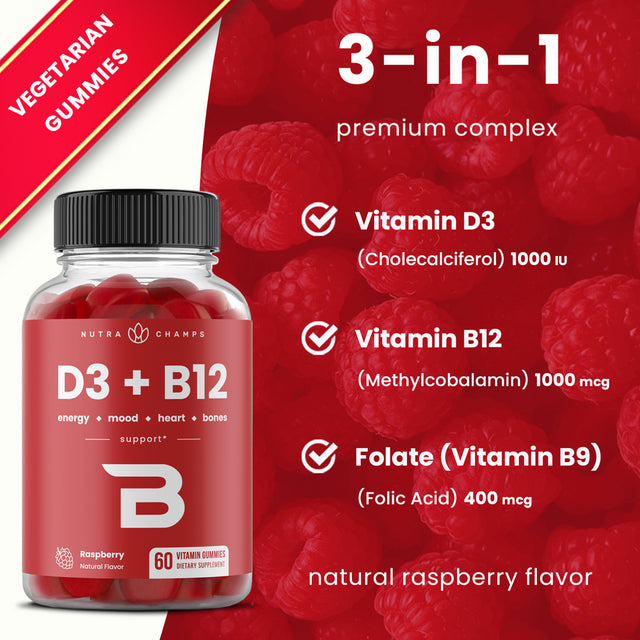 Nutrachamps Vitamin D3 & Vitamin B12 | Methyl B12 Gummies for Adults & Kids | Enhanced with Vitamin D 3 & B9 Vitamin Folate | Natural Energy, Mood, Metabolism & Focus | Raspberry | 60 Gummies