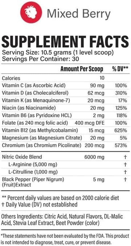 Fenix Nutrition L-Arginine Complete, Mixed Berry - 5000Mg L Arginine, Nitric Oxide Booster, Natural Supplement, Increases Energy and Endurance