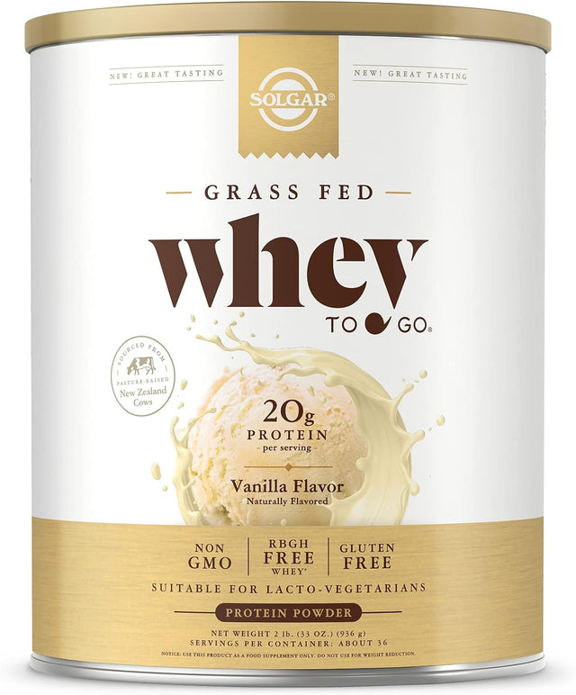 Solgar Grass Fed Whey to Go Protein Powder Vanilla, 2 Lb - 20G of Grass-Fed Protein from New Zealand Cows - Great Tasting & Mixes Easily - Supports Strength & Recovery -, 36 Servings