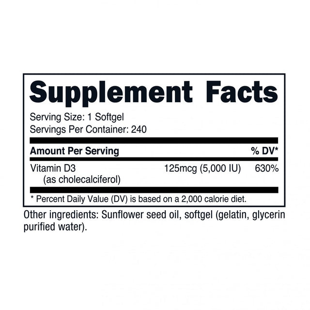 Nutricost Vitamin D3 5,000 IU, 240 Softgels - Non-Gmo Supplement