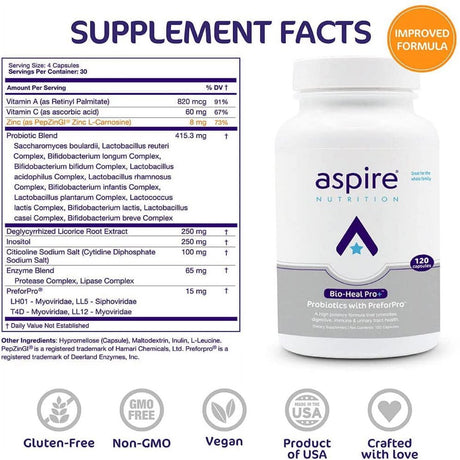 Aspire Nutrition Bio-Heal™ Pro+ Extra Strength Probiotics for Unisex - 2X Strength - Promote Gut Health, Immune & Brain Functions - Anti-Inflammatory & Detox - Gluten Free, 2 Month Supply - Capsule