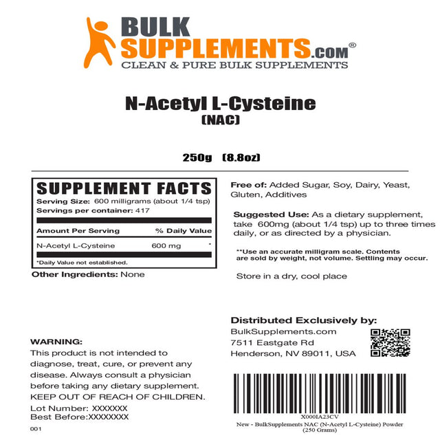 Bulksupplements.Com NAC (N-Acetyl L-Cysteine) Powder, 600Mg - Lung Support Supplement (250 Grams)