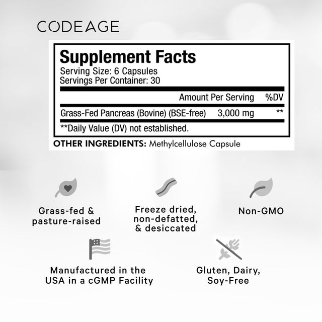 Codeage Grass-Fed Beef Pancreas, Grass-Finished, Pasture-Raised, Non-Defatted Glandular Supplement, 180 Ct