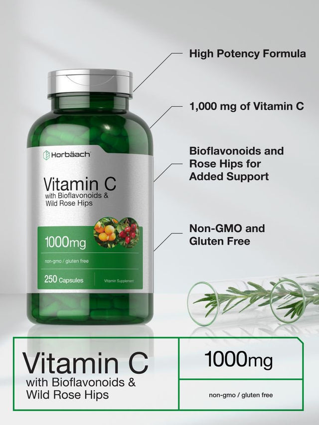 Vitamin C 1000Mg | 250 Capsules | with Bioflavonoids & Rose Hips | by Horbaach