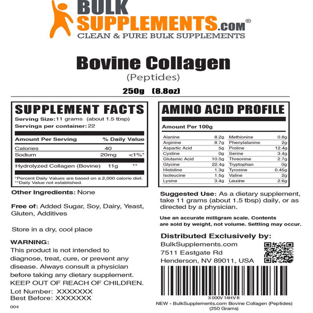 Bulksupplements.Com Hydrolyzed Collagen (Bovine) Powder - Collagen Powder - Collagen Peptides Powder - Bone Broth Collagen Powder (250 Grams - 8.8 Oz)