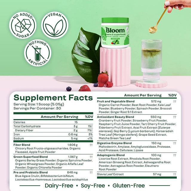 Bloom Nutrition Super Greens Powder Smoothie & Juice Mix - Probiotics for Digestive Health & Bloating Relief for Women, Digestive Enzymes with Superfood Spirulina & Chlorella for Gut Health (Original)