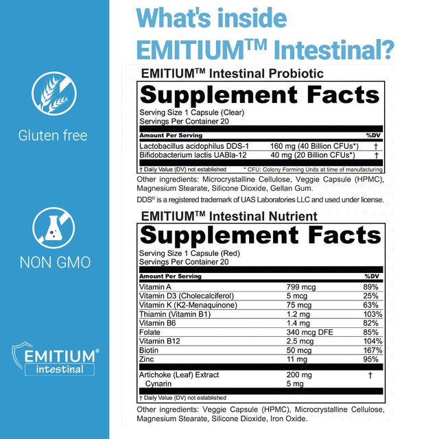 EMITIUM Intestinal, Probiotics [Selected Strains] for Intestinal Flora - Lactobacillus, Bifidobacterium, Artichoke, Vitamins and Minerals for Irritable Bowel - 40 Extended Release Capsules